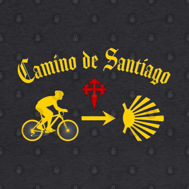 Camino de Santiago Typography Man Riding a  Bicycle Yellow Arrow Scallop Shell Red Cross by Brasilia Catholic